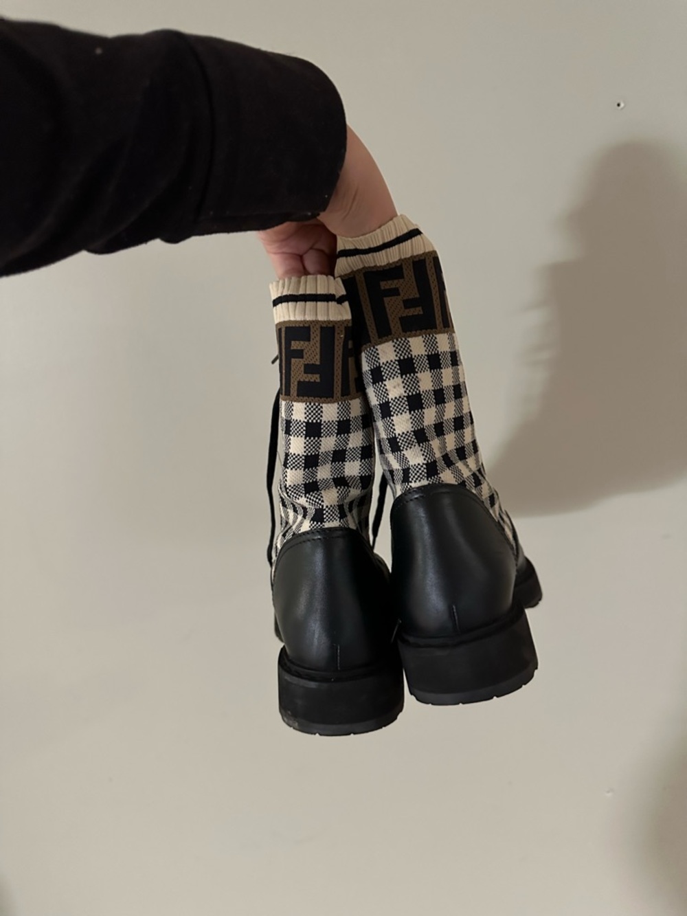 Fendi Black Leather & Cream Check Lace-Up Combat Boots - Picture 2 of 4